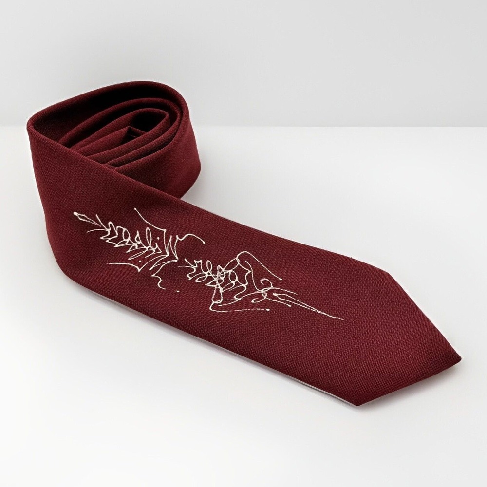 Vtg Mirrored Signature Necktie Burgundy Hand Painted Script Poly 40s 50s 57x3